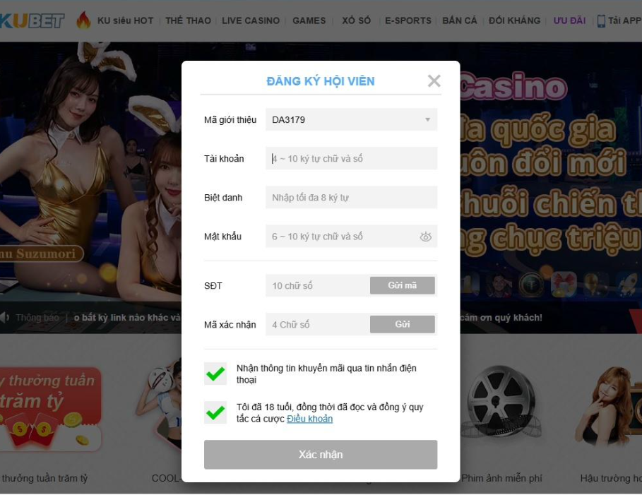 Anh em điền các thông tin để tạo tài khoản Kubet 